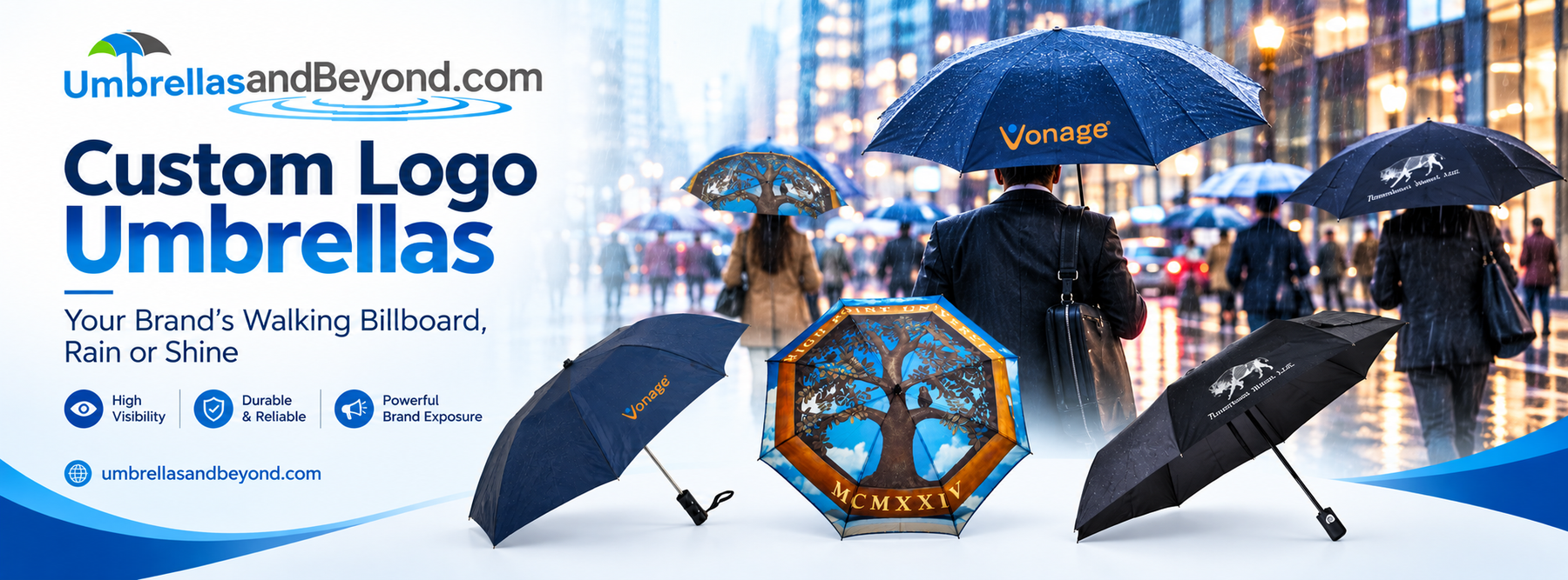 Custom logo umbrellas showcasing branded visibility, durability, and promotional exposure in rainy city settings.