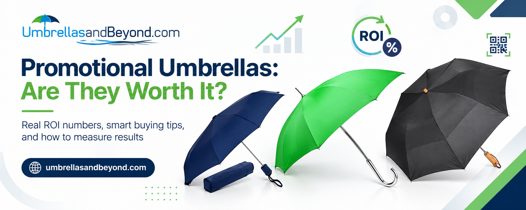 Promotional umbrellas with ROI graphics and branding from umbrellasandbeyondgrab.com, featuring three umbrella styles.