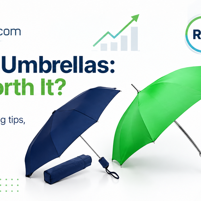 Promotional umbrellas with ROI graphics and branding from umbrellasandbeyondgrab.com, featuring three umbrella styles.