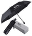 A black Peerless - Luxe 42 inch automatic open/close umbrella with a silver gift box, displayed next to its packaging box