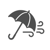 Black icon of an umbrella with raindrops on a white background representing windproof umbrellas for reliable storm protection