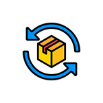 A yellow box with blue arrows indicating exchange represents item returns for refunds within 30 days