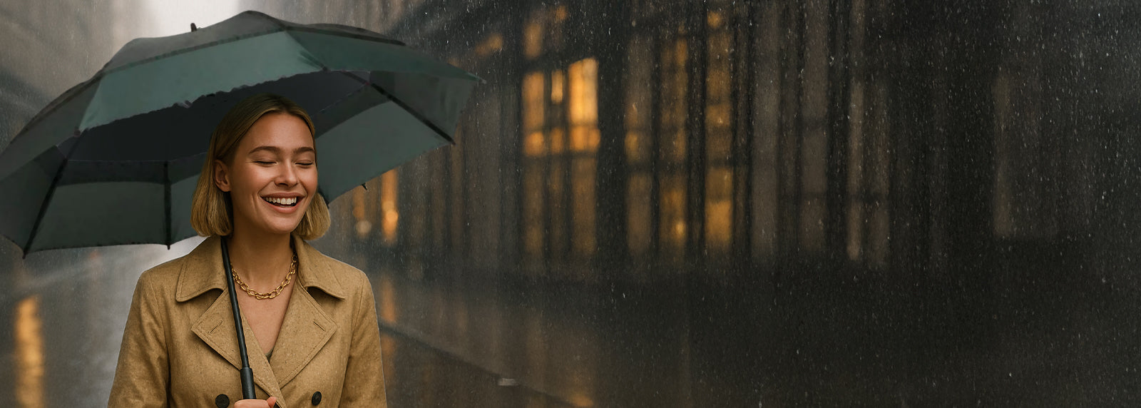 Woman holding a golf umbrella in a rainy street with a warm light in the background